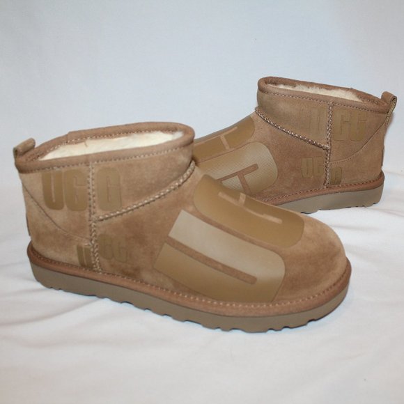 NIB UGG WOMEN'S ULTRA MINI LOGO SUEDE SHEARLING LINED CHESTNUT BOOTS 7 - Picture 1 of 7